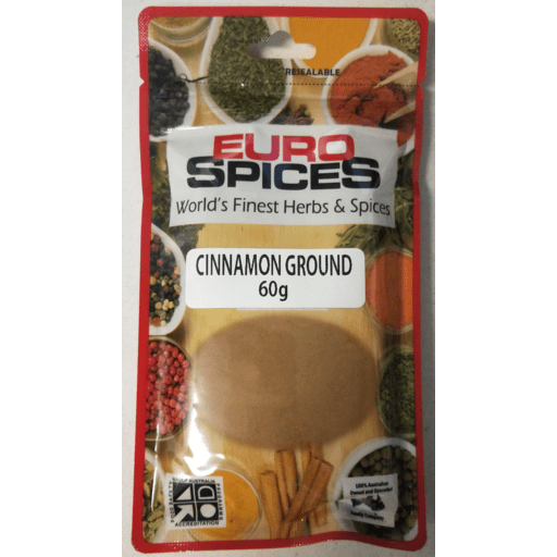 60g ground cinnamon package from Euro Spices, labeled as "World's Finest Herbs & Spices."