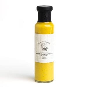 Clear bottle with black cap, yellow sauce labeled "American Burger Sauce," 250ml, gluten-free.