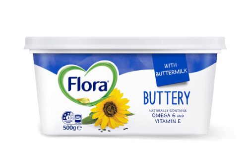 Flora Buttery spread tub, 500g, with sunflower design, Omega 6, Vitamin E, buttermilk.