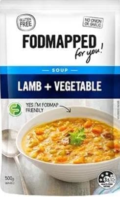 Packaging of "FODMAPPED for you!" lamb and vegetable soup, gluten-free, FODMAP friendly, 500g.