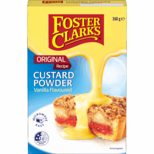 350g box of vanilla Foster Clark's custard powder, microwave easy, 2.5 health star rating.