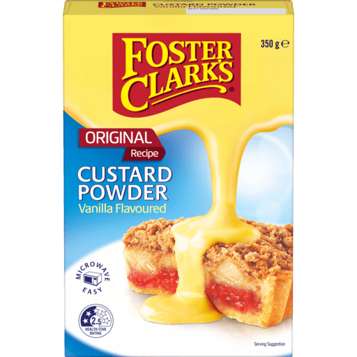 350g box of vanilla Foster Clark's custard powder, microwave easy, 2.5 health star rating.