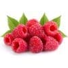 Close-up of fresh raspberries with green leaves, showing vibrant red color and texture.