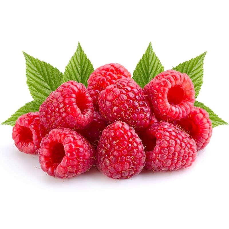 Close-up of fresh raspberries with green leaves, showing vibrant red color and texture.