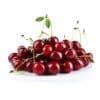 Cluster of fresh red cherries with stems and green leaves on a white background.