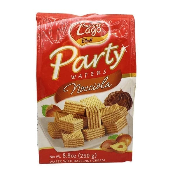 Red and white package of Gastone Lago Elledi Party Wafers, hazelnut flavor, 8.8oz (250g).