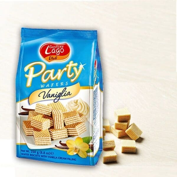 Blue package of Gastone Lago Elledi Party Wafers, Vaniglia flavor, 250g with vanilla imagery.