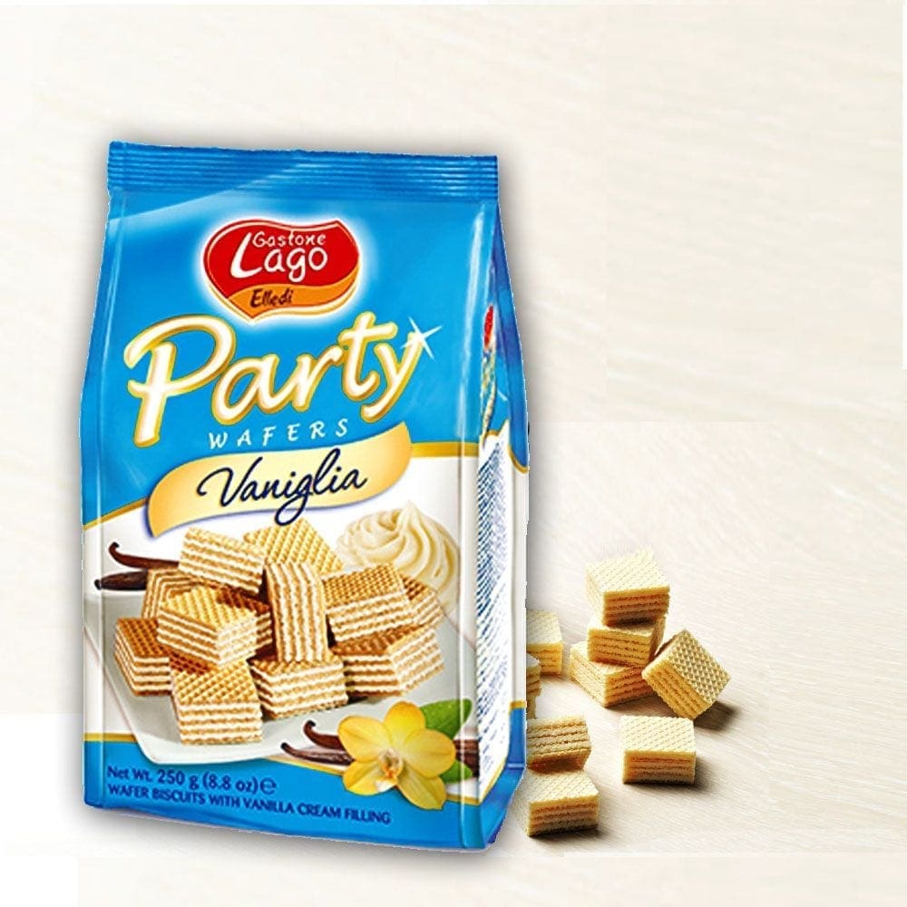 Blue package of Gastone Lago Elledi Party Wafers, Vaniglia flavor, 250g with vanilla imagery.