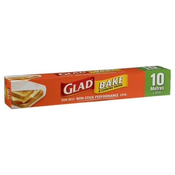 Glad Bake & Cooking Paper box, non-stick, 10m x 30cm, red/green, sandwich image.