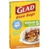 Box of Glad Oven Bags, regular size 25x38 cm, five bags, easy key-lock tie for meats.
