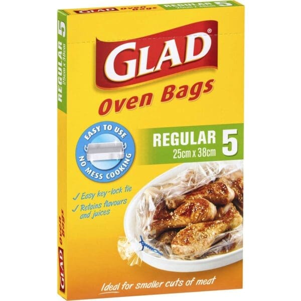 Box of Glad Oven Bags, regular size 25x38 cm, five bags, easy key-lock tie for meats.
