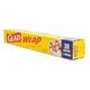 Cardboard box with Glad Wrap, 30m x 300mm, yellow with red, blue accents, wrapped food image.