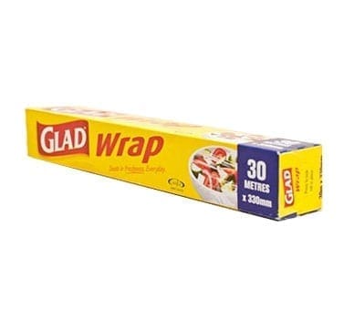 Cardboard box with Glad Wrap, 30m x 300mm, yellow with red, blue accents, wrapped food image.