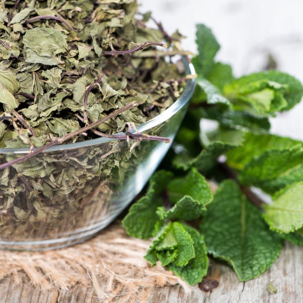 Glass bowl of dried mint leaves on wood surface, fresh mint leaves beside it.