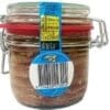 Glass jar with metal latch, red seal, preserves inside, blue label, barcode visible.