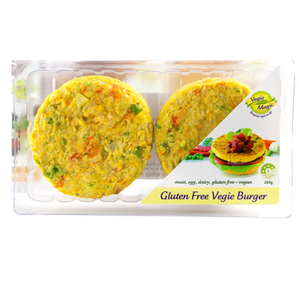 Gluten-free veggie burger patties, vegan, 200g, made from various vegetables, packaged.