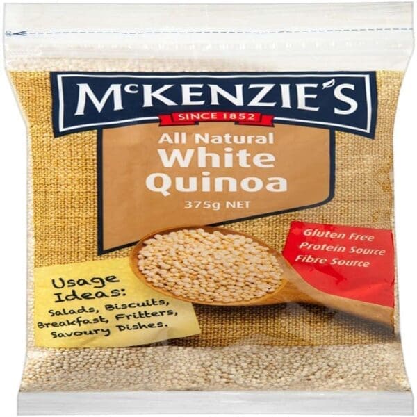 McKenzie's gluten-free white quinoa, 375g, for salads, breakfast, savory dishes, protein, fiber.