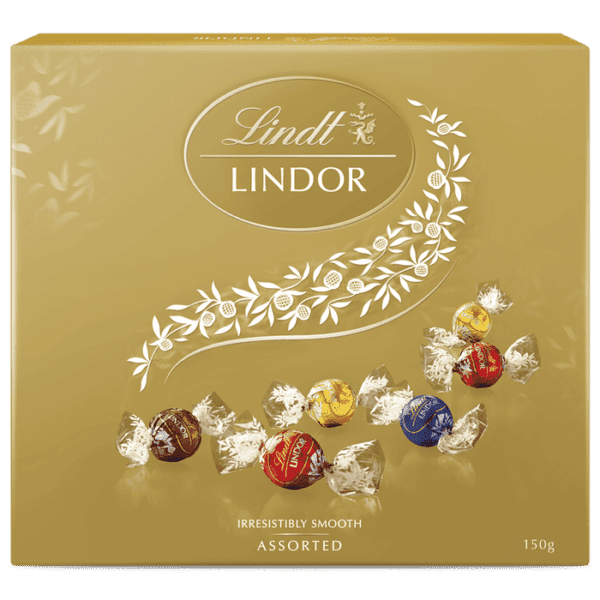 Gold Lindt Lindor chocolate box with floral design, 150g, assorted individually wrapped truffles.