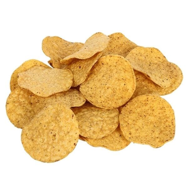 Pile of round, golden-brown tortilla chips with a lightly textured surface.