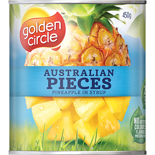 Golden Circle can of Australian pineapple pieces in syrup, 450g, no artificial colors or flavors.