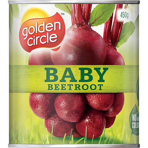 Golden Circle can of baby beetroot, 450g, no artificial colors, with red beetroots and green leaves.