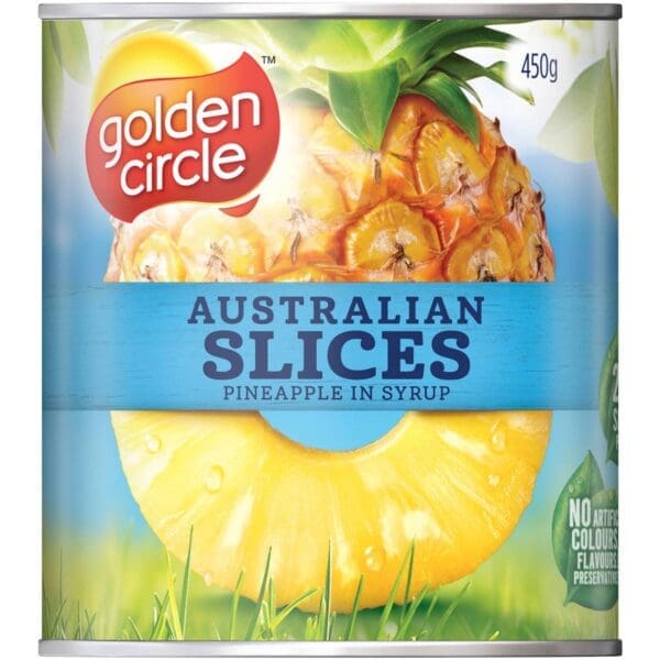 Golden Circle can of pineapple slices in syrup, 450g, no artificial additives.