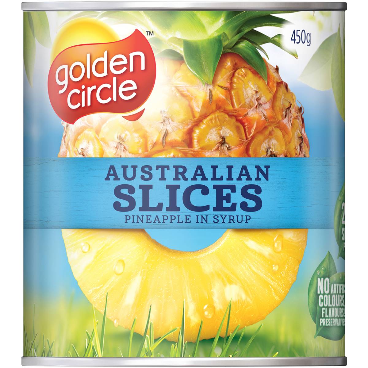 Golden Circle can of pineapple slices in syrup, 450g, no artificial additives.