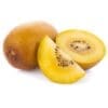 Whole golden kiwi, sliced half, and wedge with yellow flesh and small black seeds.