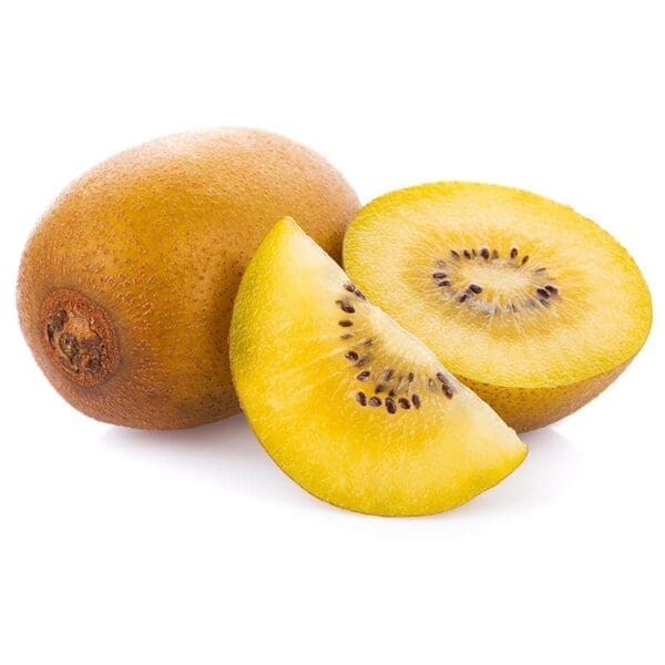 Whole golden kiwi, sliced half, and wedge with yellow flesh and small black seeds.