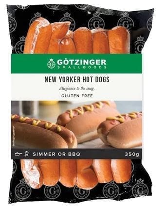 Götzinger New Yorker Hot Dogs package, gluten-free, 350g, images of hot dogs with mustard.