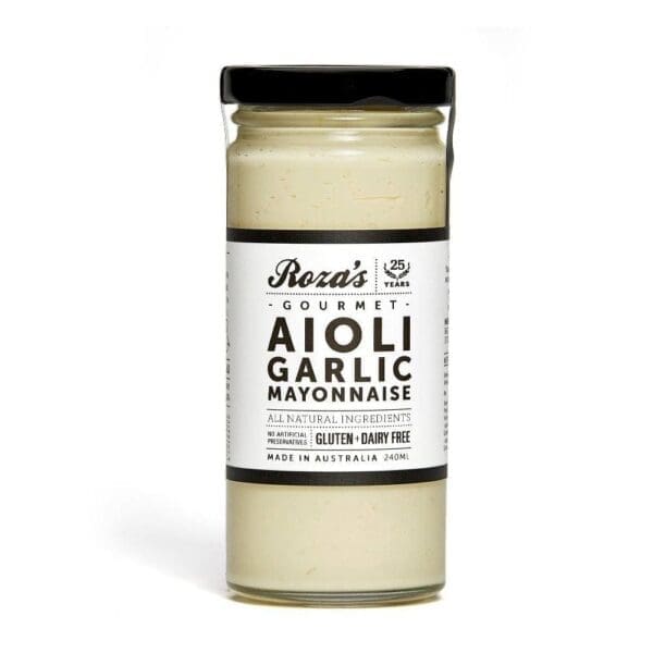 Glass jar of Roza's Gourmet Aioli Garlic Mayonnaise, 240ml, gluten and dairy free.