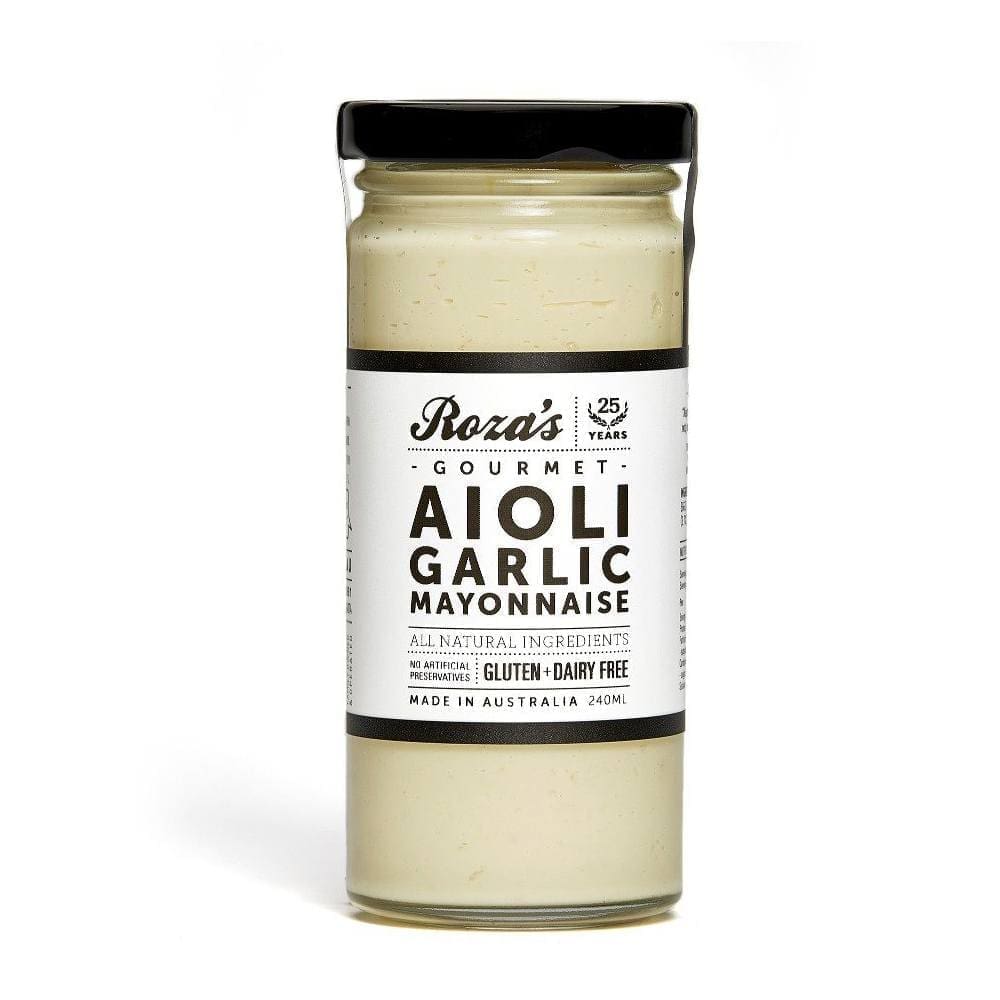 Glass jar of Roza's Gourmet Aioli Garlic Mayonnaise, 240ml, gluten and dairy free.