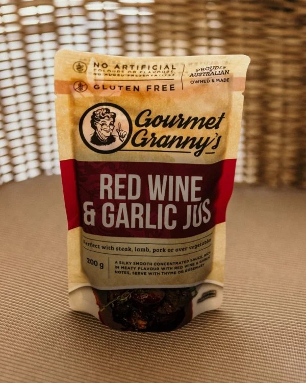 Gourmet Granny's Red Wine & Garlic Jus sauce, 200g, gluten-free, Australian made.