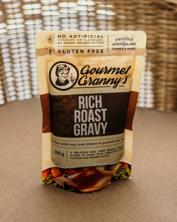 Gourmet Granny's gluten-free Rich Roast Gravy, 200g, Australian made, no artificial colors.