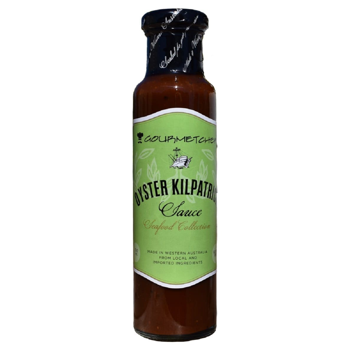 Bottle of Gourmetchef Oyster Kilpatrick Sauce from Seafood Collection, green label, Australia.