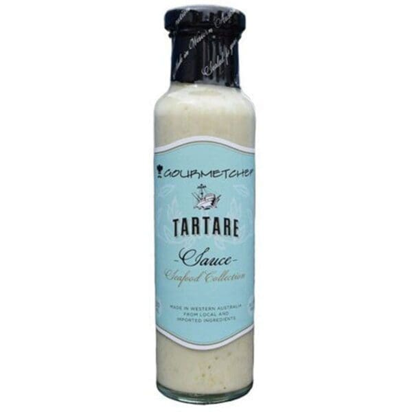 Glass bottle of "Gourmetchef Tartare Sauce," blue label, dark blue cap.