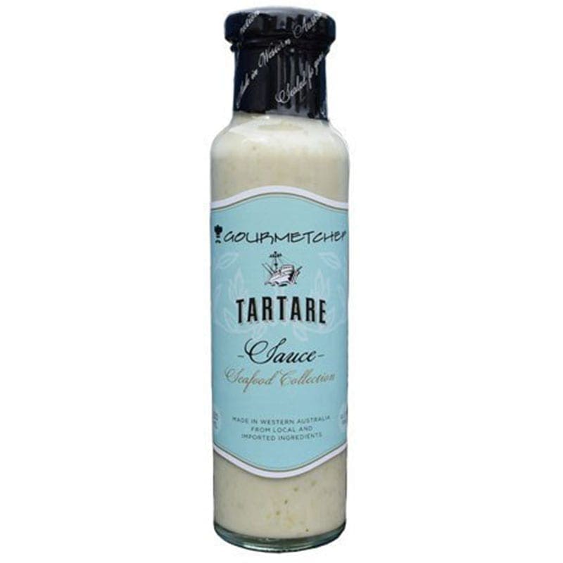 Glass bottle of "Gourmetchef Tartare Sauce," blue label, dark blue cap.