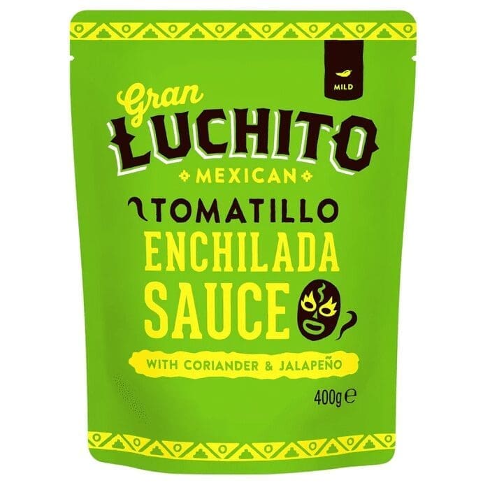Green package of Gran Luchito Tomatillo Enchilada Sauce, mild, 400g, coriander, jalapeño.