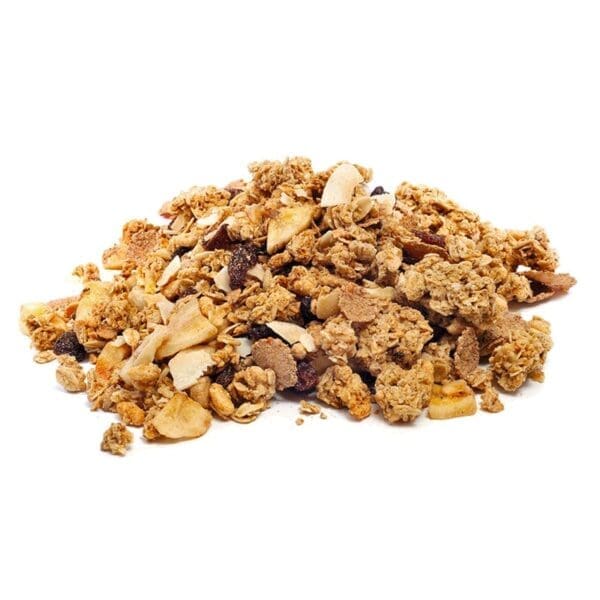 Granola with oats, nuts, and dried fruits on a white background, crunchy texture visible.