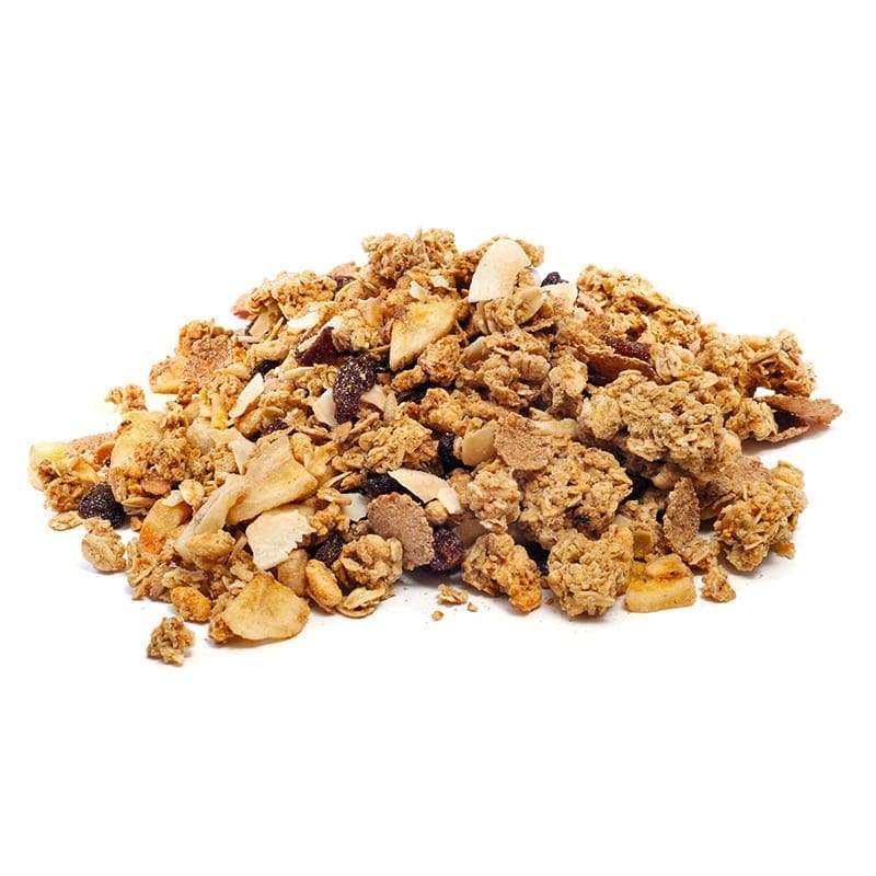 Granola with oats, nuts, and dried fruits on a white background, crunchy texture visible.