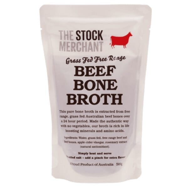 Grass-fed free-range beef bone broth pouch, 500g, Australian product, no added salt.