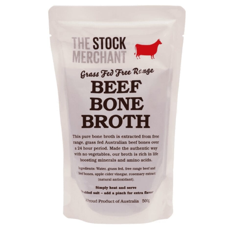 Grass-fed free-range beef bone broth pouch, 500g, Australian product, no added salt.