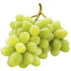 Green grapes with water droplets on the surface, attached to a stem.