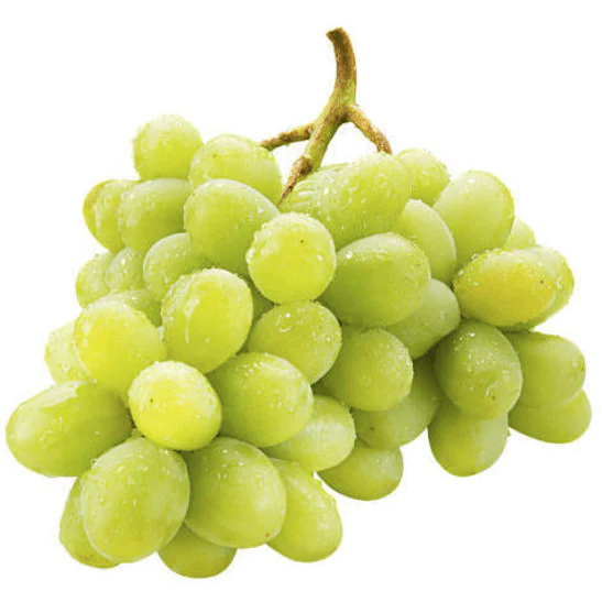 Green grapes with water droplets on the surface, attached to a stem.