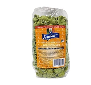 Green pasta package labeled "Squisito Orecchiette agli Spinaci" with detailed product info.