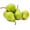 Five green pears with brown stems on a white background.
