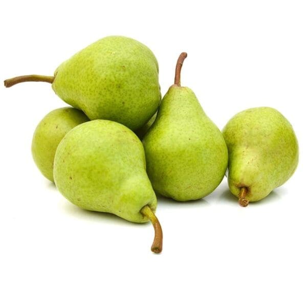 Five green pears with brown stems on a white background.