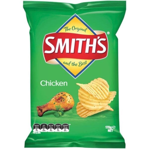 Green Smith's chicken-flavored chips packet, 170g, with drumstick and wavy chips illustration.