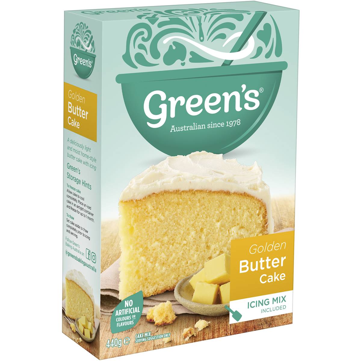 Green's Golden Butter Cake mix, teal-yellow box, frosted cake slice, includes icing mix, 440g.