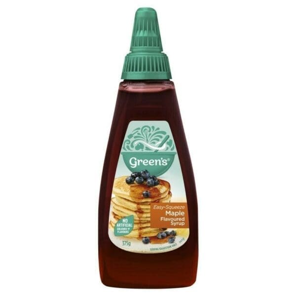 Bottle of Green's maple-flavored syrup, green cap, blueberry pancakes on label, 375g.